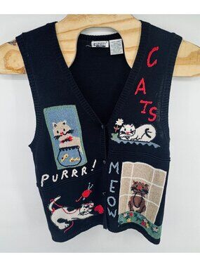 Vintage Capacity Sweater Vest Womens Petite Large Black Playful Cats